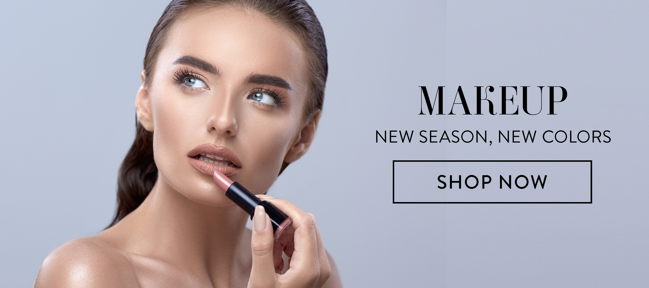 Makeup. New season, new colors. Shop Now button. 