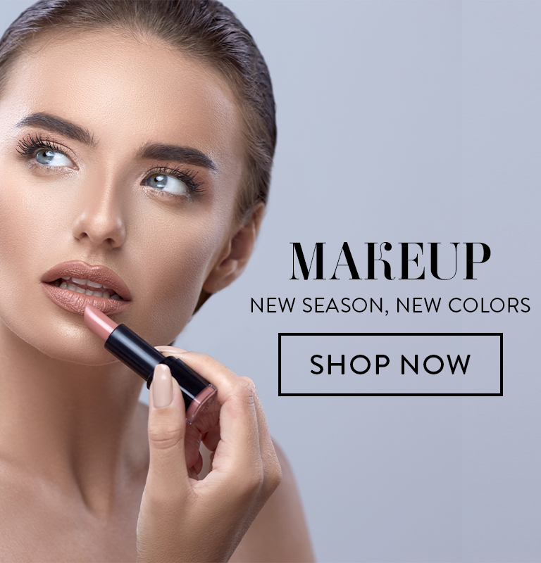 Makeup. New season, new colors. Shop Now button. 